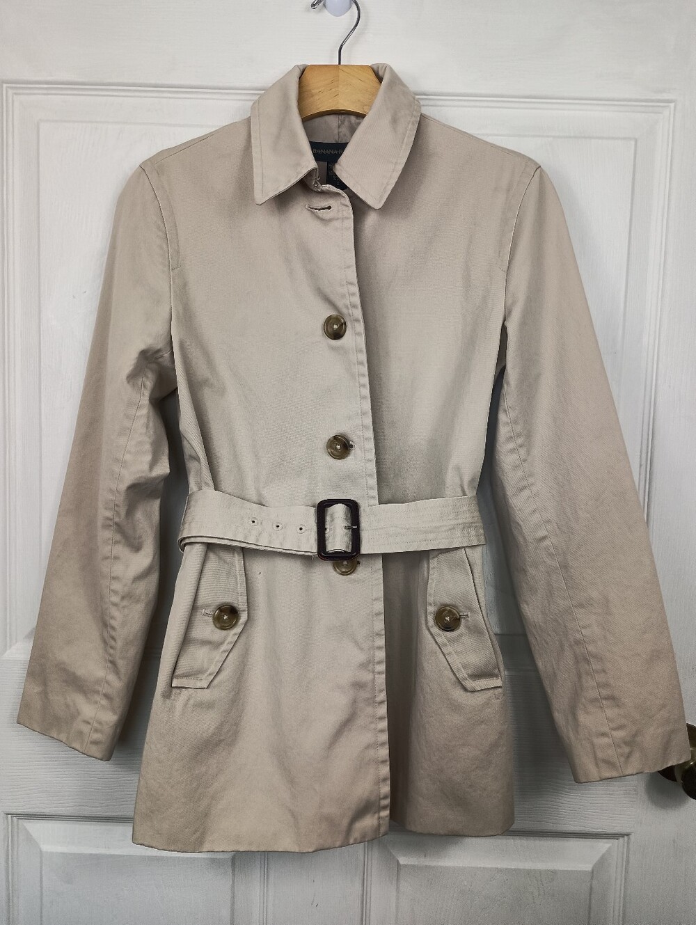 Banana Republic Trench Coat Small Womens Beige Short Jacket Belted 2003 Vintage